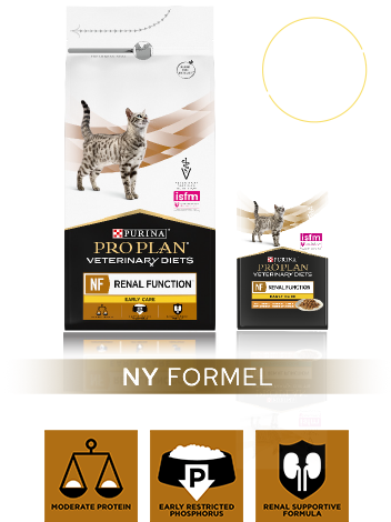 Packaging of Purina Pro Plan Veterinary Diets NF Renal Function Early Care, featuring dry and wet food for IRIS stages 1 and 2.