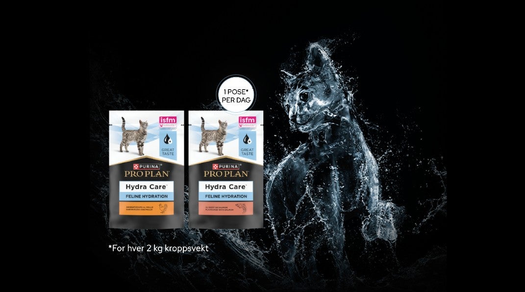 Emballasje til Pro Plan Hydra Care våtfôr, med en bakgrunn som illustrerer en katt formet av vann, som fremmer økt daglig vanninntak.