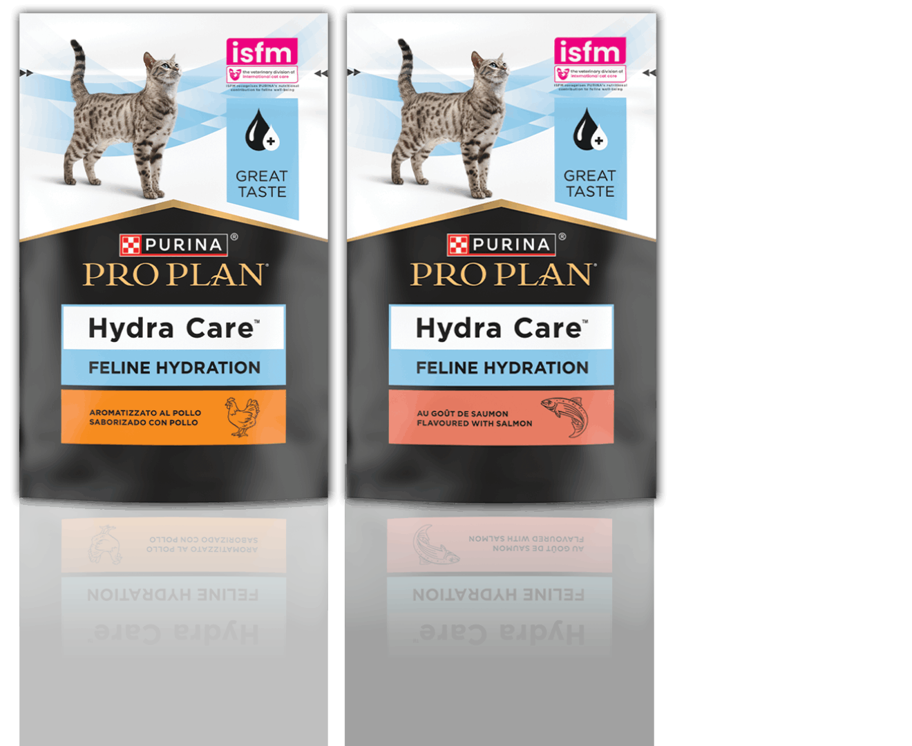To pakninger av Purina Pro Plan Hydra Care katteprodukt med smak av kylling og laks