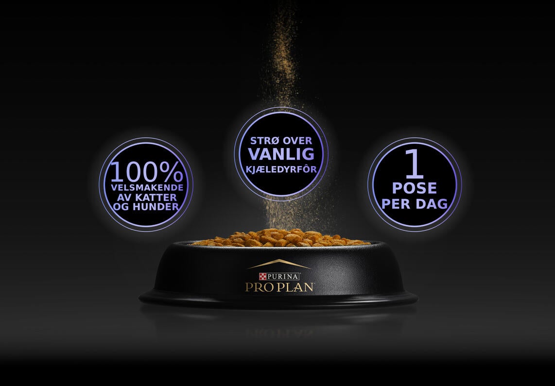 Purina Pro Plan matskål med ikoner som viser smak, daglig porsjon og enkel bruk